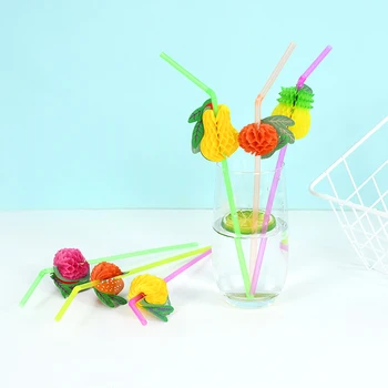 10/20 adet Floresan Bükülebilir 3D-Fruit Petek pipet Tek Kullanımlık Plastik Çizgili Payet Düğün Parti Malzemeleri