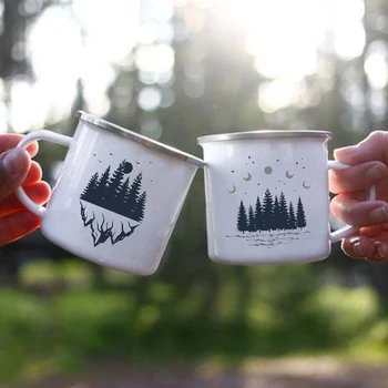 Gece Orman Dağ Baskı Emaye Yaratıcı Kahve Çay Su Süt Bardak Kamp Kupalar Kolu Drinkware Tatil Yürüyüş Kupa Hediyeler