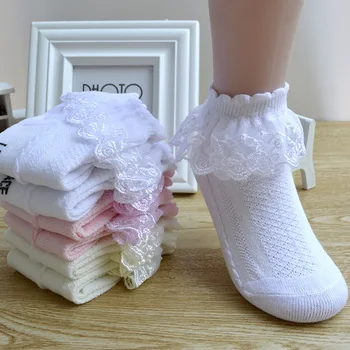 ICEY KIKO Çocuklar Pamuk Dantel Fırfır Nefes Bahar Yaz Örgü Prenses Çorap Bebek Kız Beyaz Pembe Çorap