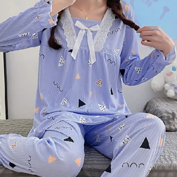 Kadın Pijama Seti Sonbahar Kış Dantel Yay Pijama Kadın Pijama Seti Uzun Kollu Tatlı Eğlence Kız Pantolon Dış Giyim