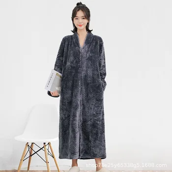 Kış Sıcak Gri Pazen Gecelik Bornoz Rahat Pijama Kadın Uzun Elbise Kimono Kıyafeti Samimi İç Çamaşırı Kalınlaşmak Gecelik