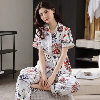Yaz Kısa Üstleri + Uzun Pantolon İki Adet Set kadın Pijama Örme Pamuk Kadın Pijama Çiçek Pijama Femme Gecelik