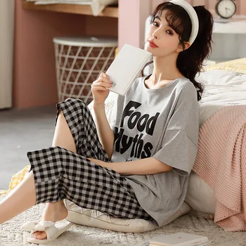 Yaz Pijama Kadınlar İçin Pamuklu Pijama Seti 2 Parça Set Artı Boyutu M-5XL Kore Moda Pijama Takım Elbise Kadın Ev Giysileri Yakın