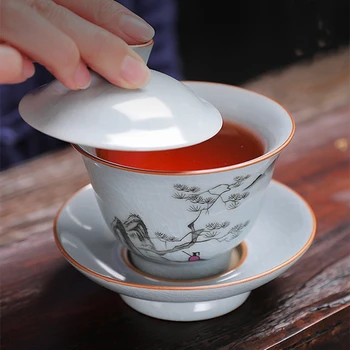 ruyao crackle sır Sancai gaiwan handpainted fincan kapaklı kase tabağı coaster seramik kapak gezdirilir 145 ml Çin'de satış yeni