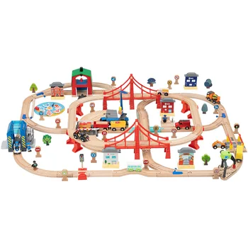 Çift Köprü Ahşap tren rayı Seti Büyük ölçekli Sahne Simülasyon Ahşap Demiryolu Demiryolu eğitici oyuncak Çocuklar için Doğum Günü Hediyeleri