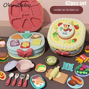 Çocuk Oyun Renk Çamur Doğum Günü Pastası Oyuncak Dışarı Darbe Mumlar Üç katmanlı Burger Hamuru Kalıp Ultra hafif Kil Mutfak oyuncak seti