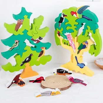 Çocuklar Ahşap İstifleme Oyuncaklar Çocuk DIY Kuş Ağacı Bulmaca Montessori eğitici oyuncak Kuş Tanıma Şekil Eşleştirme Monte Oyuncak