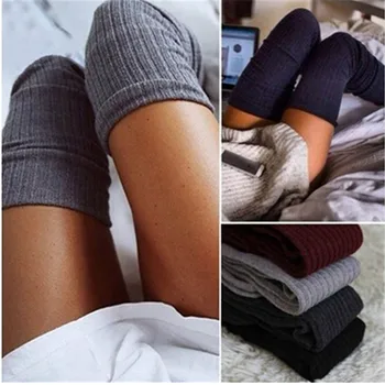 1 Çift Katı Renkler Örme Seksi Çorap Kadın Sıcak Uyluk Yüksek Diz Üzerinde Çorap Moda Bayan Çorapları