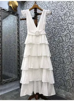 100 % Pamuklu uzun elbise 2022 İlkbahar Yaz Vestidos Kadınlar Seksi Derin V Yaka Hollow Out Nakış Fırfır Beyaz Pembe Maxi Elbise Boho