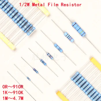 100 adet 1/2W Metal film rezistans 1 % 1R ~ 2.2 M 100R 220R 330R 1K 1.5 2.2 3.3 4.7 10 22 47 100 1K5 2K2 3K3 4K7 Ohm DIP Doğru