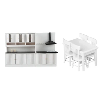 2 Takım 1:12 Evcilik Minyatür Ahşap Mobilya Beyaz 1 Takım Mutfak Seti ve 1 Takım Modeli Masa Sandalye bir Yemlik Seti