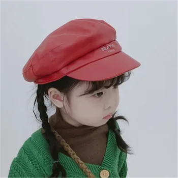 2019 Sonbahar Kış PU Katı Sıcak Çocuk Çocuk Newsboy Şapka Kap Yumuşak Kız moda aksesuarları Açık-QNC