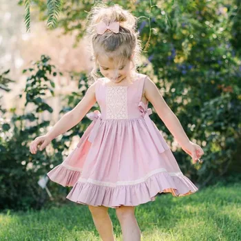 2019 Yaz Toddler Kız Elbise Pamuk Pembe Kolsuz Kare Yaka Dantel Eklenmiş Prenses Elbise Yüksek Kaliteli Çocuk Elbise 1-4Yrs
