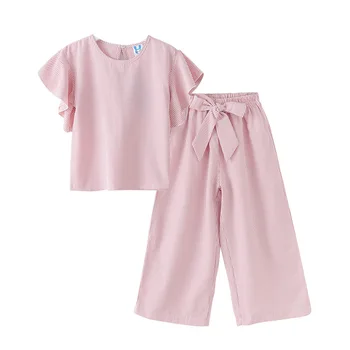 2019 Yeni Yaz Kız Elbise Setleri Büyük Kız Fırfır Kollu Bluz Şerit Üst + Gevşek Pantolon 2 adet Takım Elbise Moda Çocuklar çocuk kıyafetleri