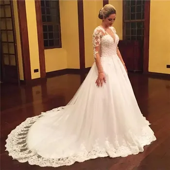 2020 Seksi V Boyun Dantel Aplikler Boncuklu saten Vestido De Noiva gelinlikler Artı Boyutu Uzun Kollu balo elbisesi düğün elbisesi