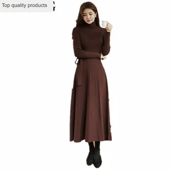 2020 Zarif Uzun Kollu Elbise Kadın Sonbahar Kış Örme Kazak Elbise Kadın Kemer Balıkçı Yaka Siyah Bayanlar Elbiseler YQ277