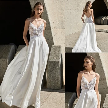 2021 Gelinlik Spagetti Sapanlar Dantel Aplikler gelinlikler Custom Made Seksi Backless Sweep Tren Bir Çizgi düğün elbisesi