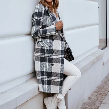 2021 Sonbahar / kış Yeni Stil Basit Ekose Takım Elbise Yaka Uzun kollu Ceket Kruvaze Düz Uzun Rahat Yün Ceket Kadın
