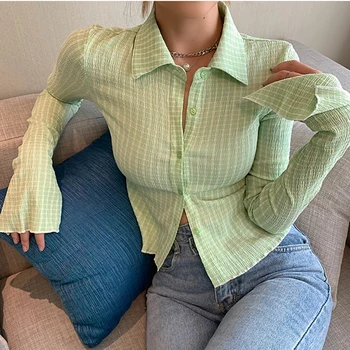 2021 Uzun Kollu Mahsul Bluz Gömlek Kadınlar Seksi Ekose Şifon Bluzlar Bahar Y2K Moda Düğme Gömlek Casual En Streetwear