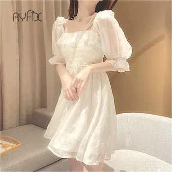 2021 Yeni Fransız Yaz Beyaz Kadın Elbise Puf Kollu Kore Tarzı Peri Dantel Şifon Japonya Tarzı Kawaii Zarif Vintage Elbise