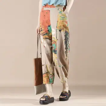 2021 Yeni Varış Yaz Sanat Tarzı Kadın Tüm uyumlu Vintage Baskı Ayak Bileği uzunlukta Pantolon Rahat Gevşek Elastik Bel harem pantolon P194