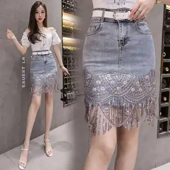 2021 Yeni Yaz Kore Seksi Kadın Kot Kalem Mini Etekler Yüksek Bel Mavi Paket Kalça Kot Moda Boncuk Püskül Etek W189