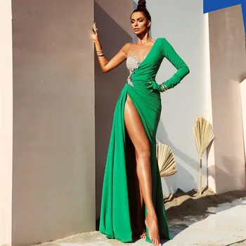 2021 Yeşil Bir Omuz Mermaid balo kıyafetleri Seksi Yüksek Yan Bölünmüş Uzun Balo Abiye Lüks Kristal Parti Elbise Vestidos
