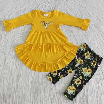 2021 yeni stil Ofset baskılı öküz kafası ayçiçeği sarı uzun kollu takım elbise giyim seti çocuk butik kıyafet çocuk giysileri
