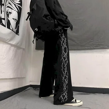 2021 İlkbahar Sonbahar Goth Pantolon Kadın Geniş Bacak Streetwear Yüksek Bel Büyük Boy Pantolon Kadın Düz gotik Serseri Pantolon e kız