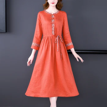 2022 Kırmızı Pamuk ve Keten Yüksek Kaliteli Maxi Elbise İlkbahar Sonbahar Kore Vintage Katı Elbise Kadınlar Zarif Bodycon Günlük Elbiseler