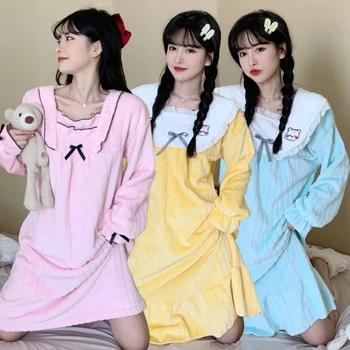 2022 Kış Artı boyutu Uzun Kollu Kalın Sıcak Pazen Gecelikler Kadınlar için Kore Gevşek Pijama gece elbisesi Gecelik Nighty