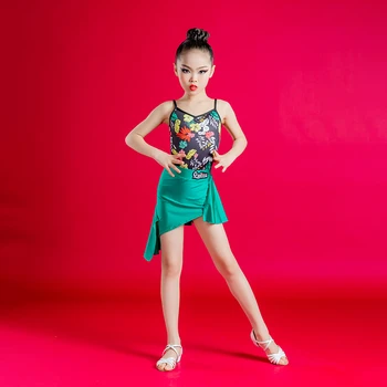 2022 Latin Elbise Takım Dans Kostümleri Kızlar için Yeşil Etekler Düzensiz Backless Sahne Performansı Askı Etek Çiçek Baskı