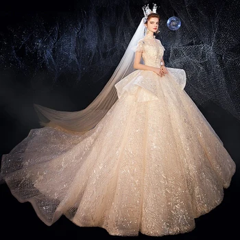 2022 Luxuriou Prens düğün elbisesi Kısa Tül Kollu Yüksek Boyun Akşam Balo Balo Sparkle Boncuk Vestido Fiesta Noche