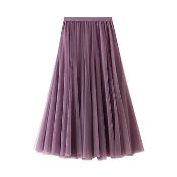 2022 Moda Sonbahar Kış Vintage Tül Pilili Etek Kadın Elastik Yüksek Bel Örgü Uzun Maxi Etek Kadın Jupe Longue