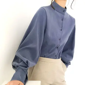 2022 Sonbahar Büyük Fener Kollu Bluz Kadınlar Tek Göğüslü Standı Yaka Gömlek Ofis İş Bluz Katı Vintage Gömlek