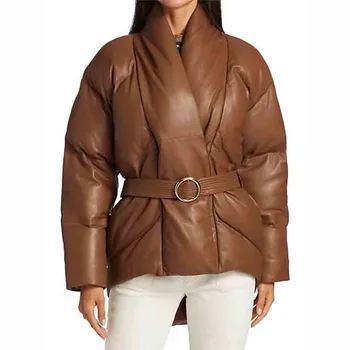 2022 Sonbahar Kış Pamuk Ceket Kadınlar Avrupa Amerikan Vintage Yeni Kalın Sıcak Kahverengi Ceket Rahat PU Deri Ceket JD1942
