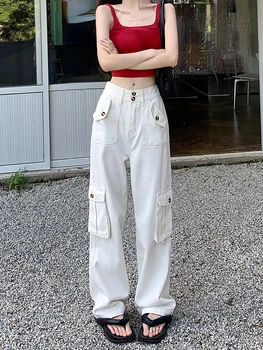 2022 Sonbahar Yüksek Bel Kargo pantolon Bayanlar Katı Vintage Geniş Bacak Denim Pantolon Kadın Tasarım Rahat Kore Tarzı Baggy Y2k Kot