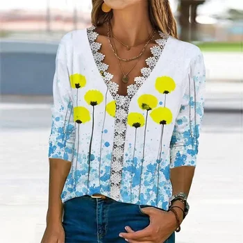 2022 Vintage Çiçekli Baskı Bluz Kadın Üstleri Dantel V Yaka Rahat Gevşek Bahar Sonbahar Yeni Uzun Kollu Gömlek Elbise Blusas 24149