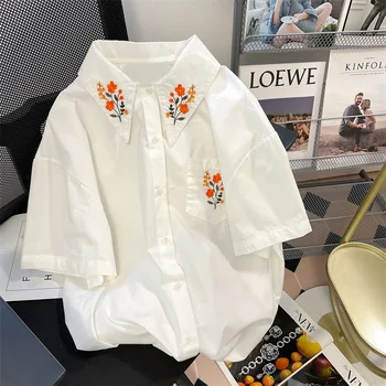 2022 Yaz Moda Beyaz Bluzlar Yüksek Kalite Bayanlar Turn down Renkli Çiçek Nakış Gömlek Kollu Casual Gömlek