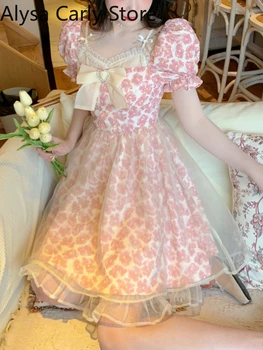 2022 Yaz Pembe Çiçek peri elbisesi Kadın Baskı Vintage Zarif Prenses Parti Mini Elbise Puf Kollu Rahat Tatlı Kawaii Elbise