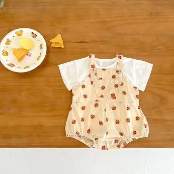 2022 Yaz Yeni Bebek Giysileri Set Bebek Erkek Sevimli Kaplan Baskı Tulum Takım Elbise Çocuklar Kolsuz Tulum + T Shirt 2 adet Set Kızlar