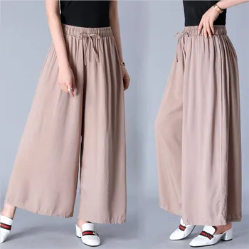 2022 Yaz İnce Pamuklu Kadın Gevşek Uzun pantolon Bayanlar Zarif Boho Plaj Geniş Bacak Pantolon-Gri Yeşil Bej