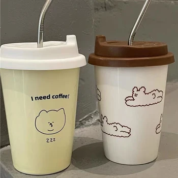 2022 Yeni Krem Rengi Güzel Karikatür Kapak Saman Kapalı seramik fincan Kullanışlı Fincan Kahve süt kupası Kahvaltı Fincan Kupa