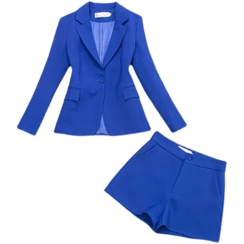 2022 Yeni Yüksek Kaliteli Ofis Kadın Blazer Şort 2 Parça Set Moda İnce Mavi Uzun Kollu Ceket Takım Elbise İş Elbisesi