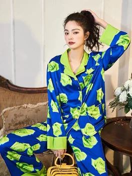 2022 yeni yeşil gül high-end buz ipek uzun kollu pijama seti iki parçalı set yaz pijama seti kadın