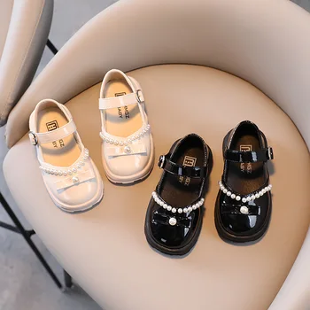 2022 İlkbahar Sonbahar Bebek ve Toddlers Kızlar deri ayakkabı İnci Yay Mary Janes Bej Siyah Parlak Prenses Ayakkabı Çocuklar İçin daireler