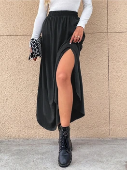 2022 İlkbahar Yaz Moda Streetwear Maxi Etek Casual Kadın Dipleri Yüksek Belli Bölünmüş Uyluk Etek Kadın Siyah Katı Uzun Kayak