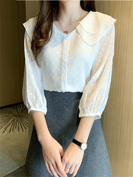 2022 İlkbahar Yaz Yeni Moda Peter Pan Yaka şifon bluz Kore Tatlı Tarzı Rahat Gömlek Uzun Kollu Katı Gömlek kadınlar için