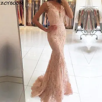 2022 Şampanya Akşam Elbise Kadınlar Örgün Parti Gece Mermaid Vestidos De Gala Aplikler Sequins Dantel Uzun Lacivert Balo Abiye