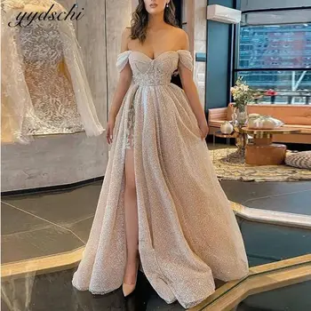 2022 Şampanya Kapalı Omuz balo kıyafetleri Seksi Yüksek Bölünmüş Aplikler Akşam Elbise Glitter Kadınlar İçin Parti Vestidos De Gala